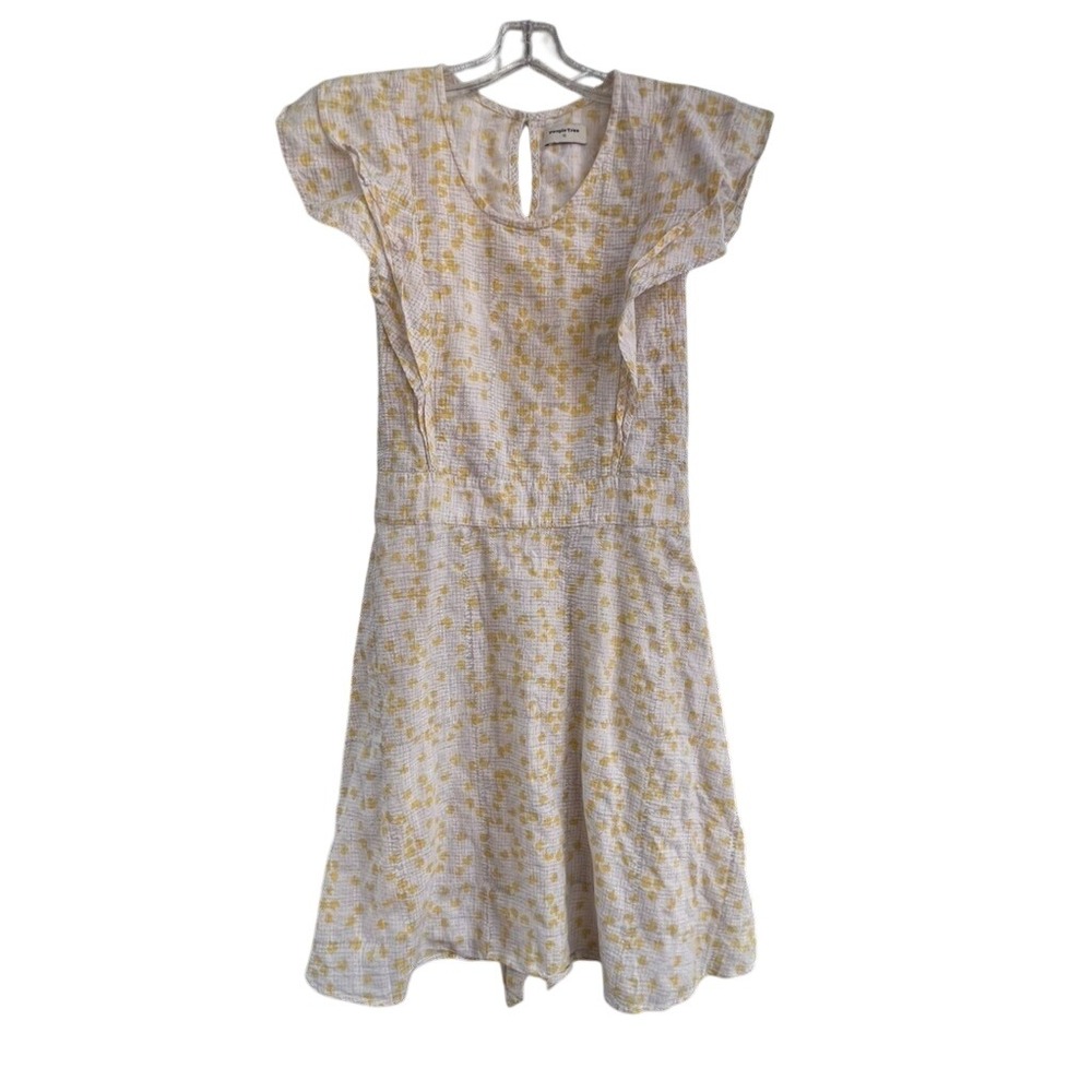 People Tree Yellow White Floral Cotton Ruffle Keyhole Back Tie Waist Dress SZ 10